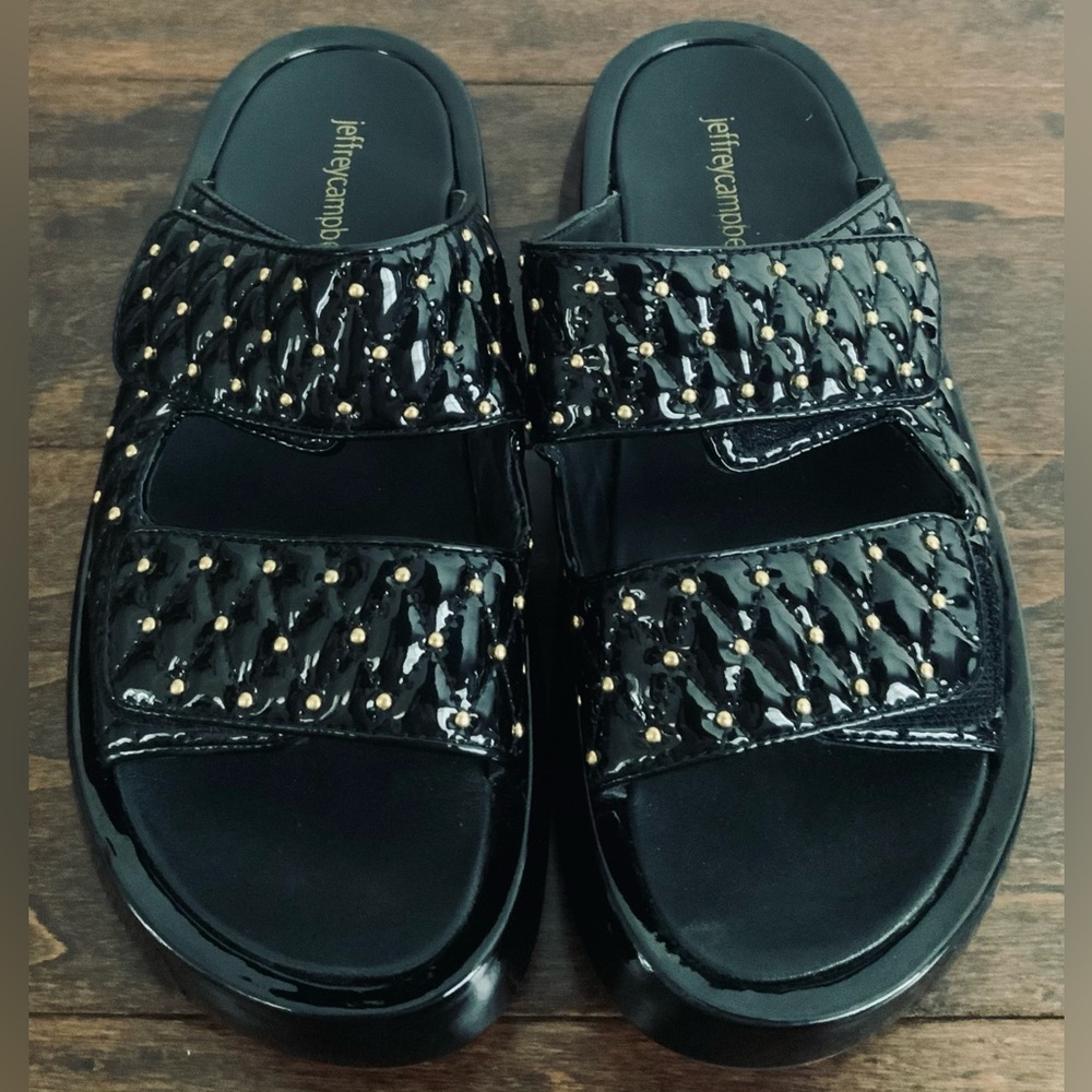 Jeffrey Campbell Scaeva Slide Sandal Black Patent Leather Gold Studs Quilted NEW - Picture 7 of 9